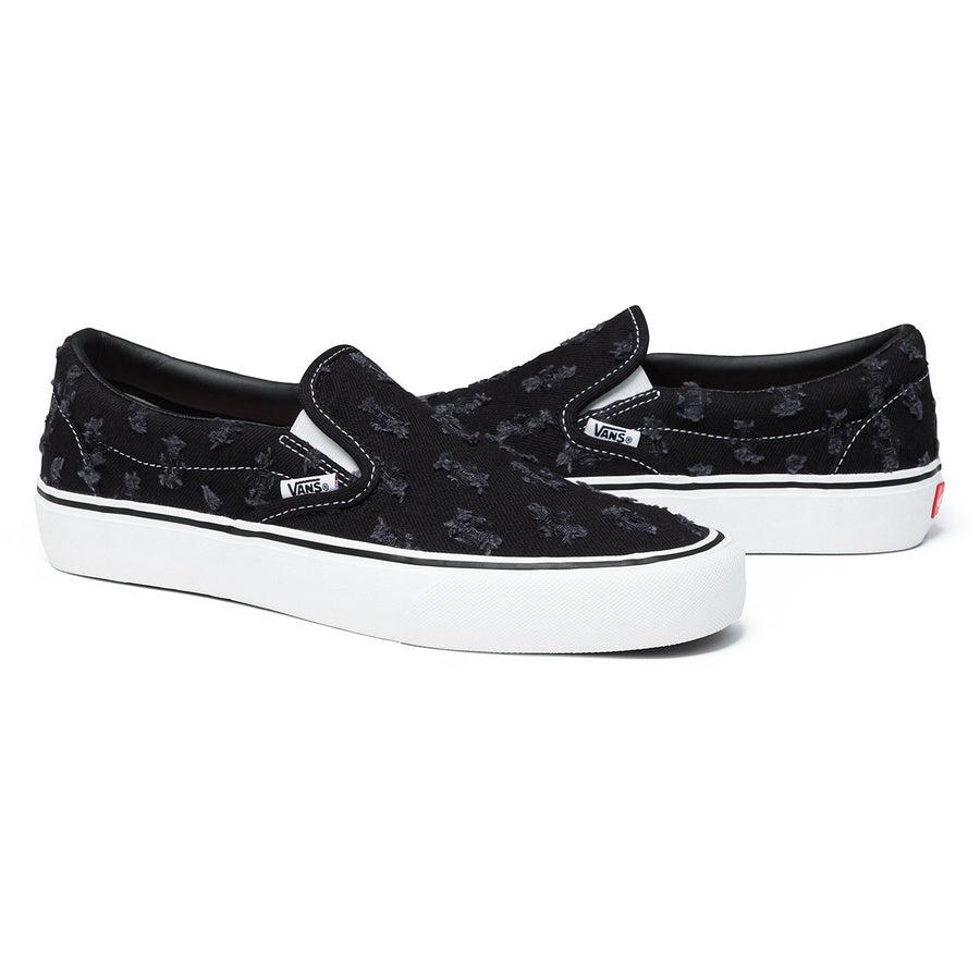 Supreme®/ Vans® Hole Punch Denim Slip-On Pro (Black) | Waves Never Die | Supreme | Sneakers